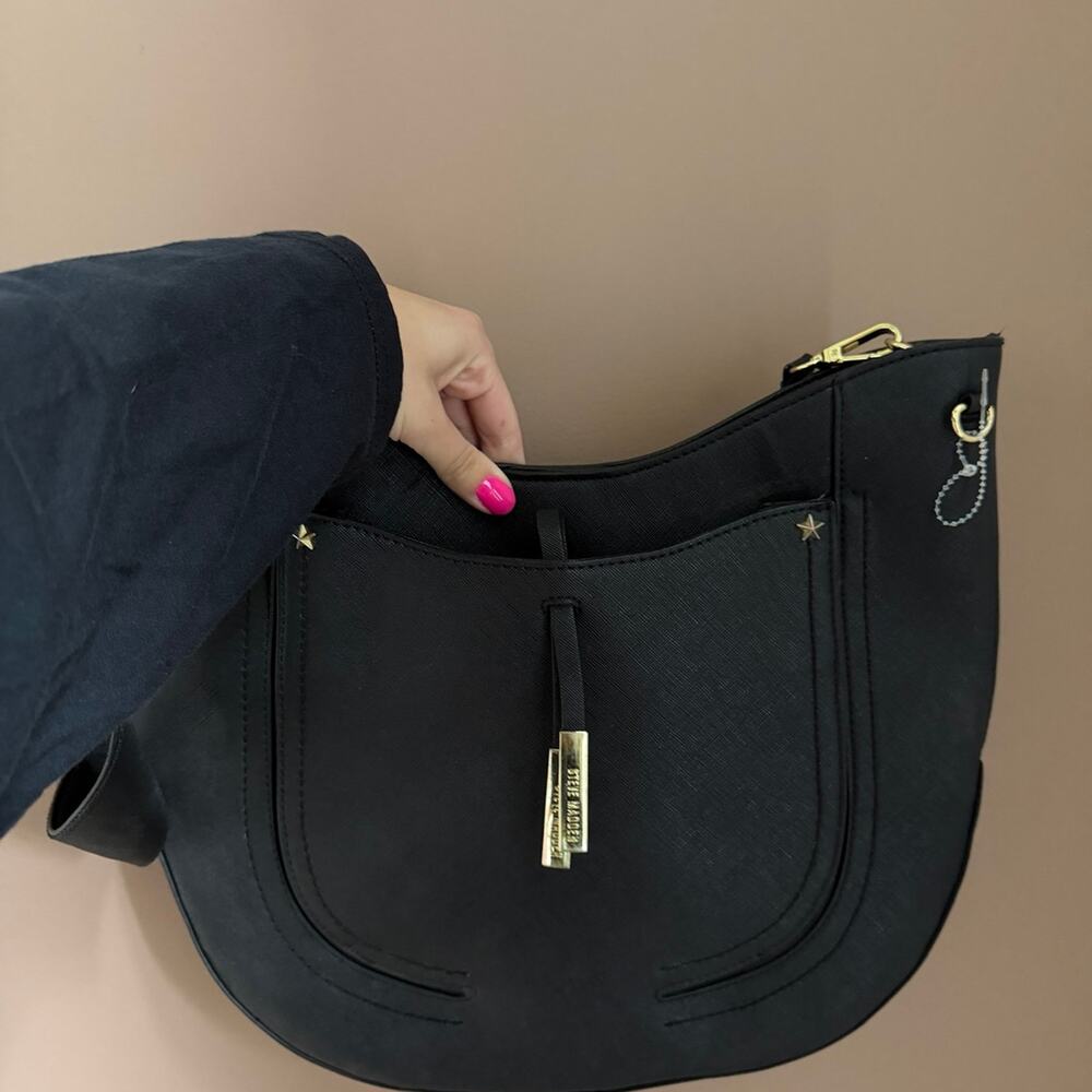Steve Madden Large Black Hobo Crossbody Bag with Gold Stars